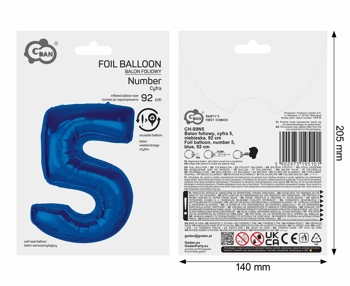 Balon foliowy Smart cyfra 5 niebieska 92cm CH-S9N5 GoDan